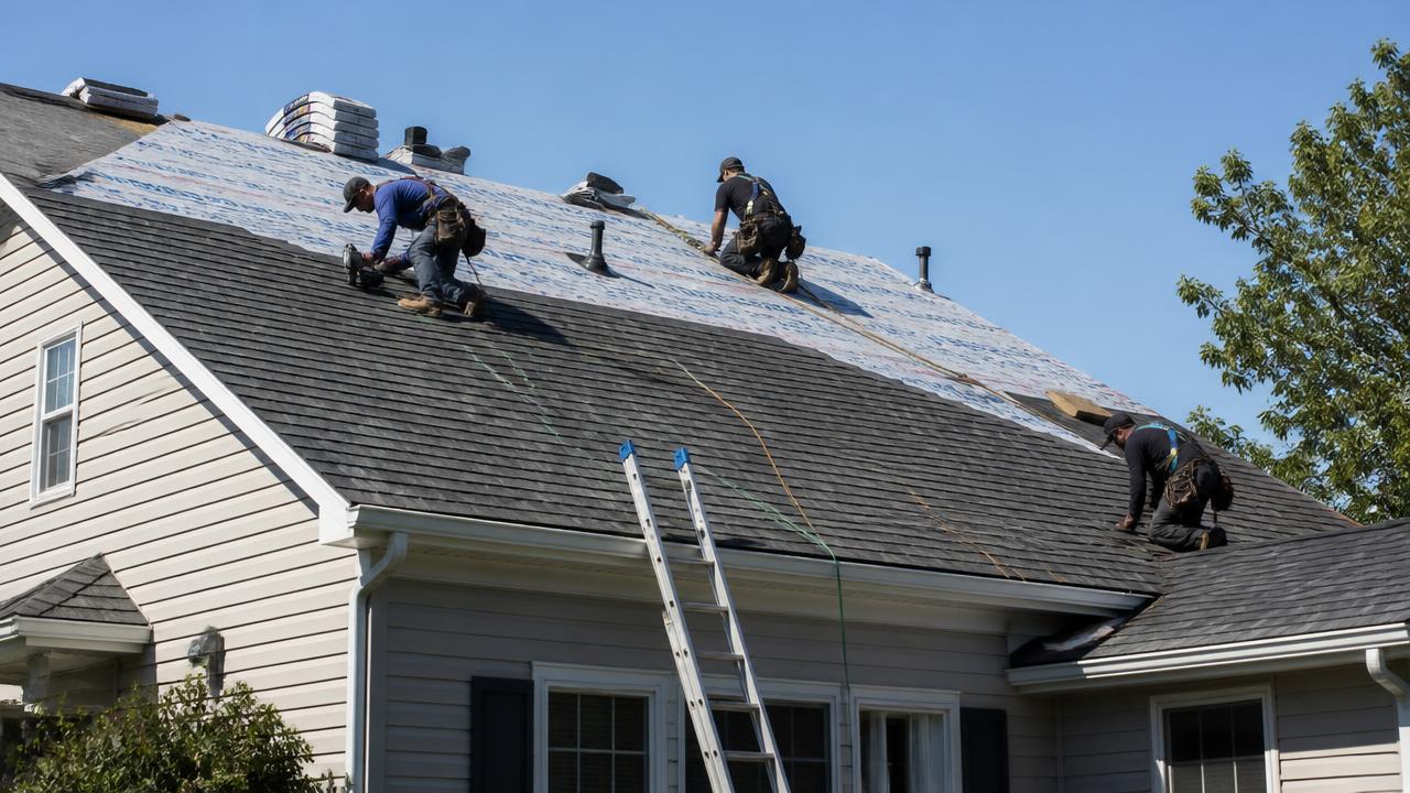 Roofing crew at work on a home